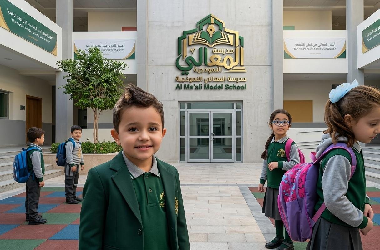 طلاب مدرسة المعالي أمام المدرسة